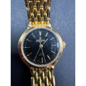 Vintage Berenger Watch Women 22mm Gold Tone Brass Case Black Round Dial